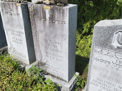 Upright granite headstone in a cemetery row — before cleaning